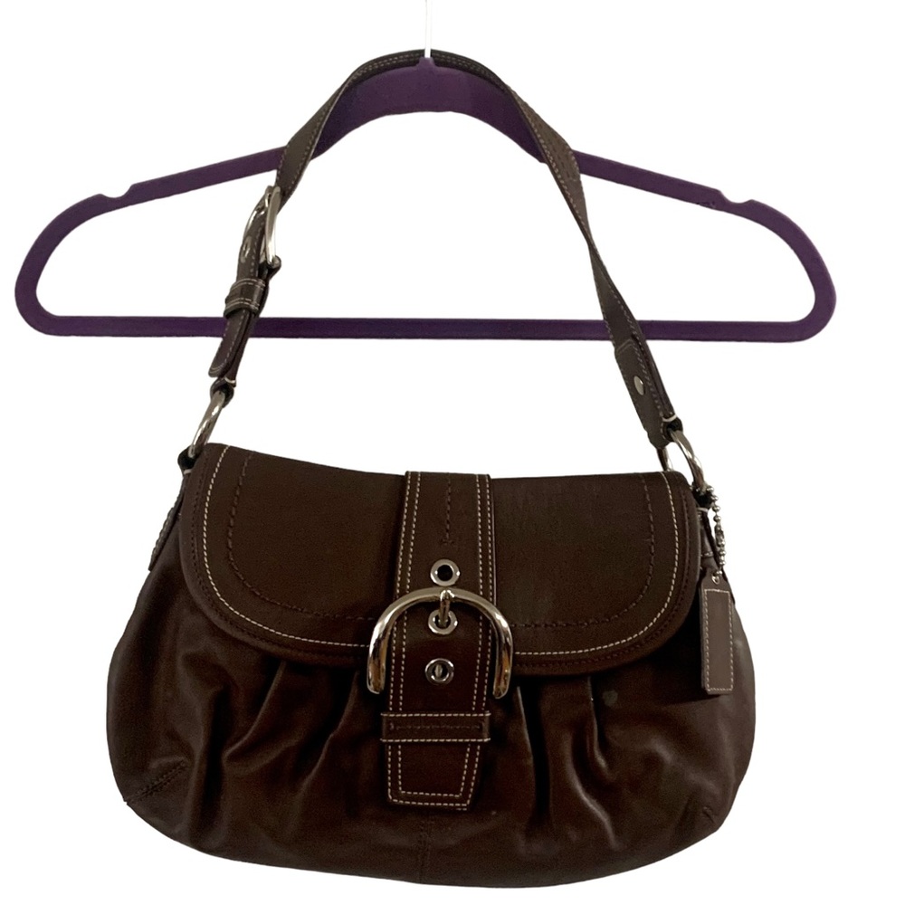 Coach Soho Bag Chocolate Brown Pleated Front Leather Silver Hardware Buckle Flap